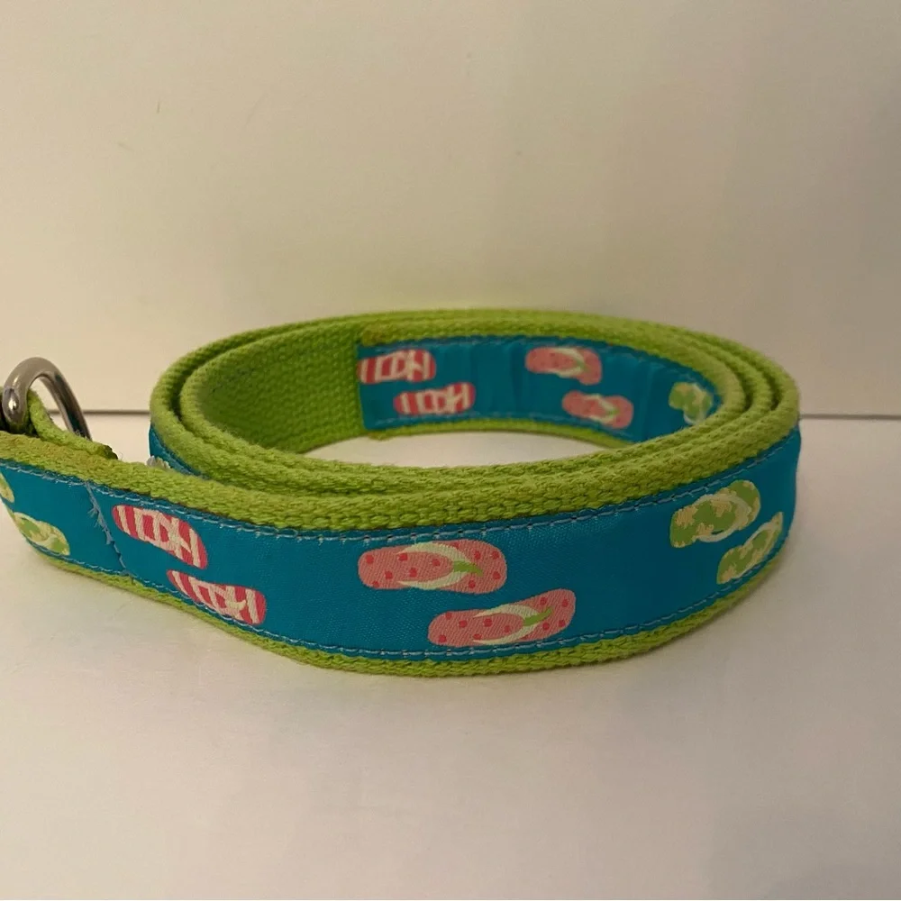 DOUGLAS PAQUETTE BELT GREEN CANVAS WEBBING BLUE FLIP FLOP RIBBON SIZE L USA